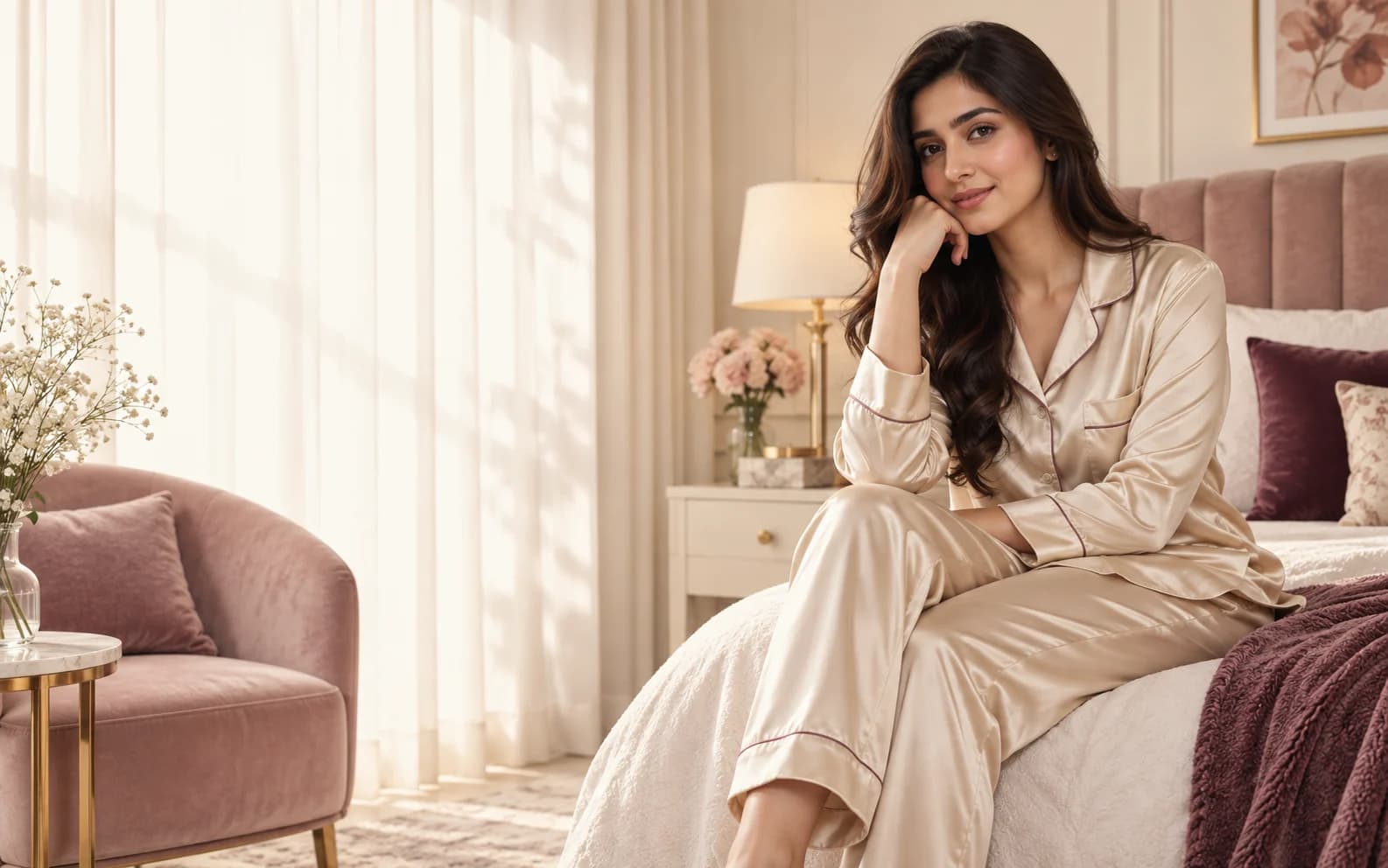 Woman wearing a champagne satin night suit by Nightywear