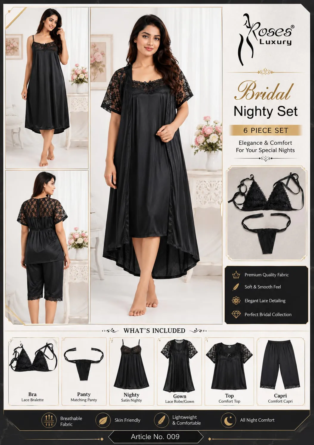 Bridal Satin 6 Piece Nighty Set – Black ladies nightwear by Nightywear