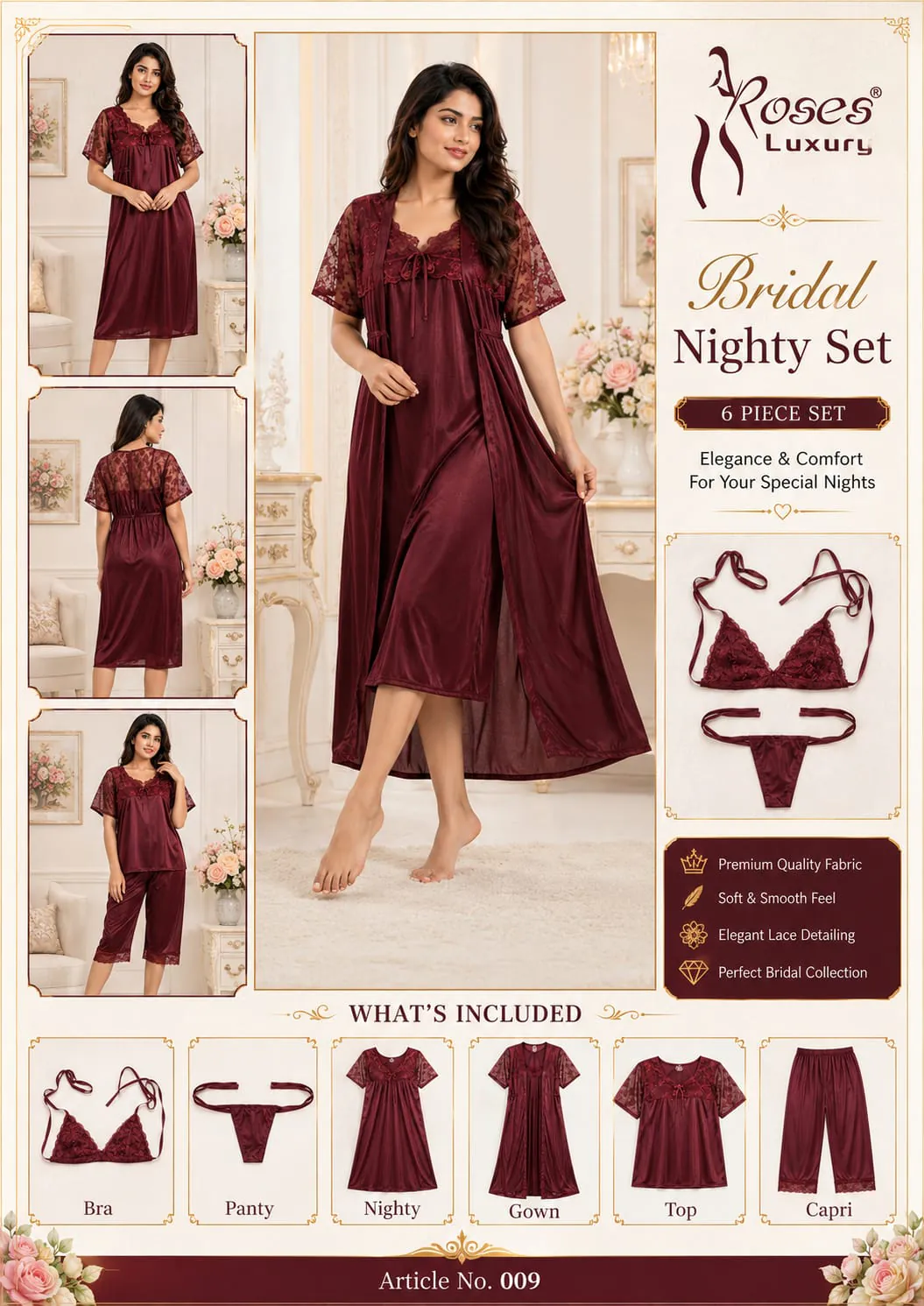Bridal Satin 6 Piece Nighty Set – Maroon ladies nightwear by Nightywear