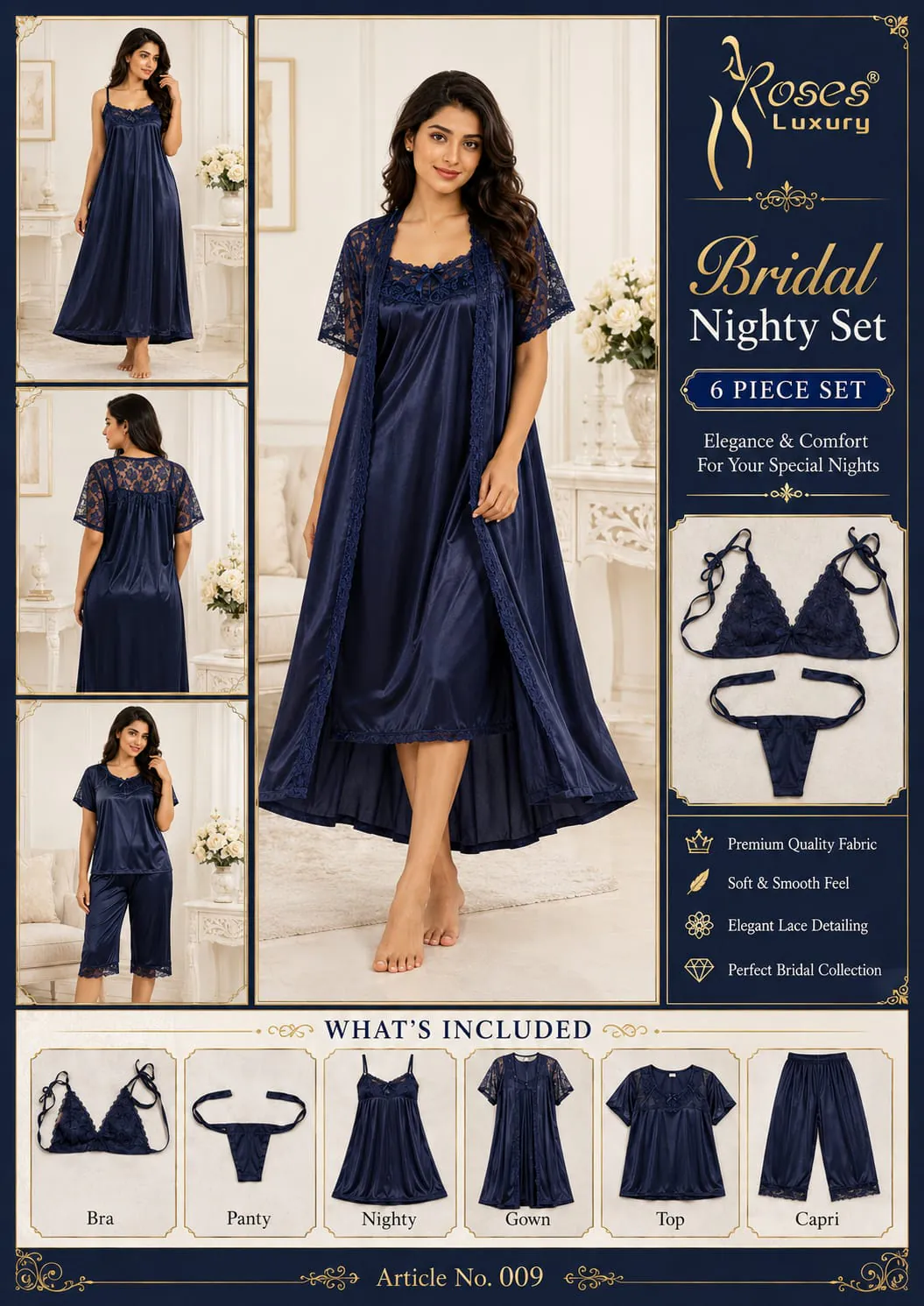 Bridal Satin 6 Piece Nighty Set – Navy Blue ladies nightwear by Nightywear