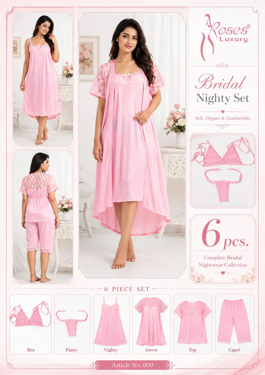 Bridal Satin 6 Piece Nighty Set – Pink ladies nightwear by Nightywear