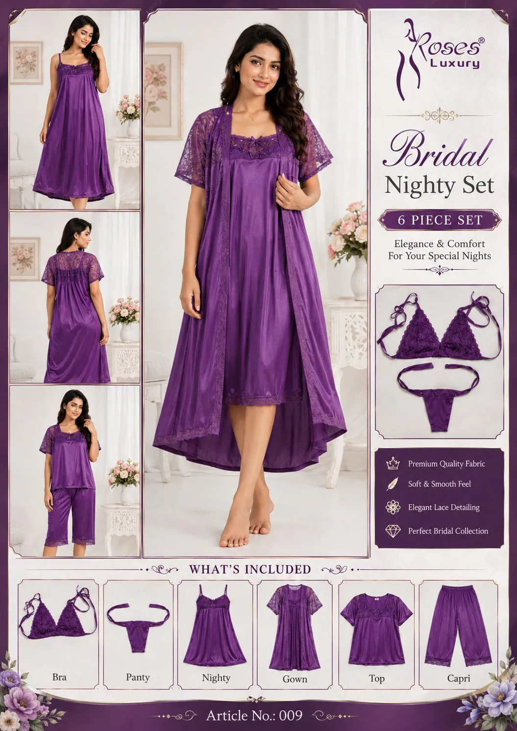 Bridal Satin 6 Piece Nighty Set – Purple ladies nightwear by Nightywear