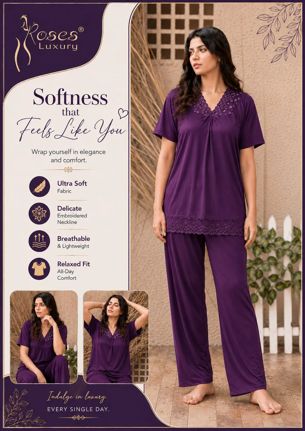 Lace Neck Soft Lounge Set – Purple ladies nightwear by Nightywear