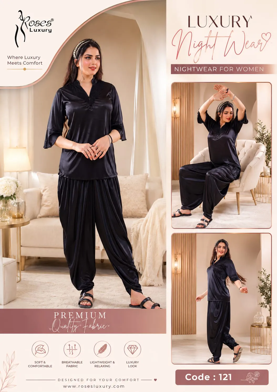 Relaxed Satin Pajama Set – Navy Blue ladies nightwear by Nightywear