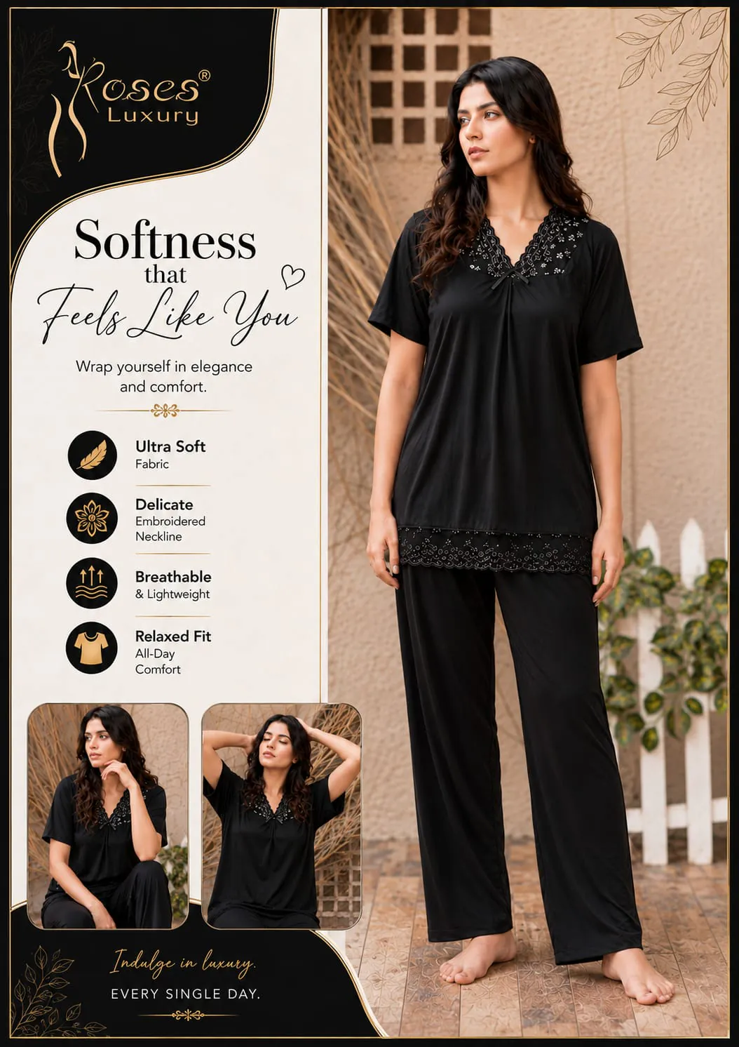Softness Lace Trim Pajama Set – Black ladies nightwear by Nightywear