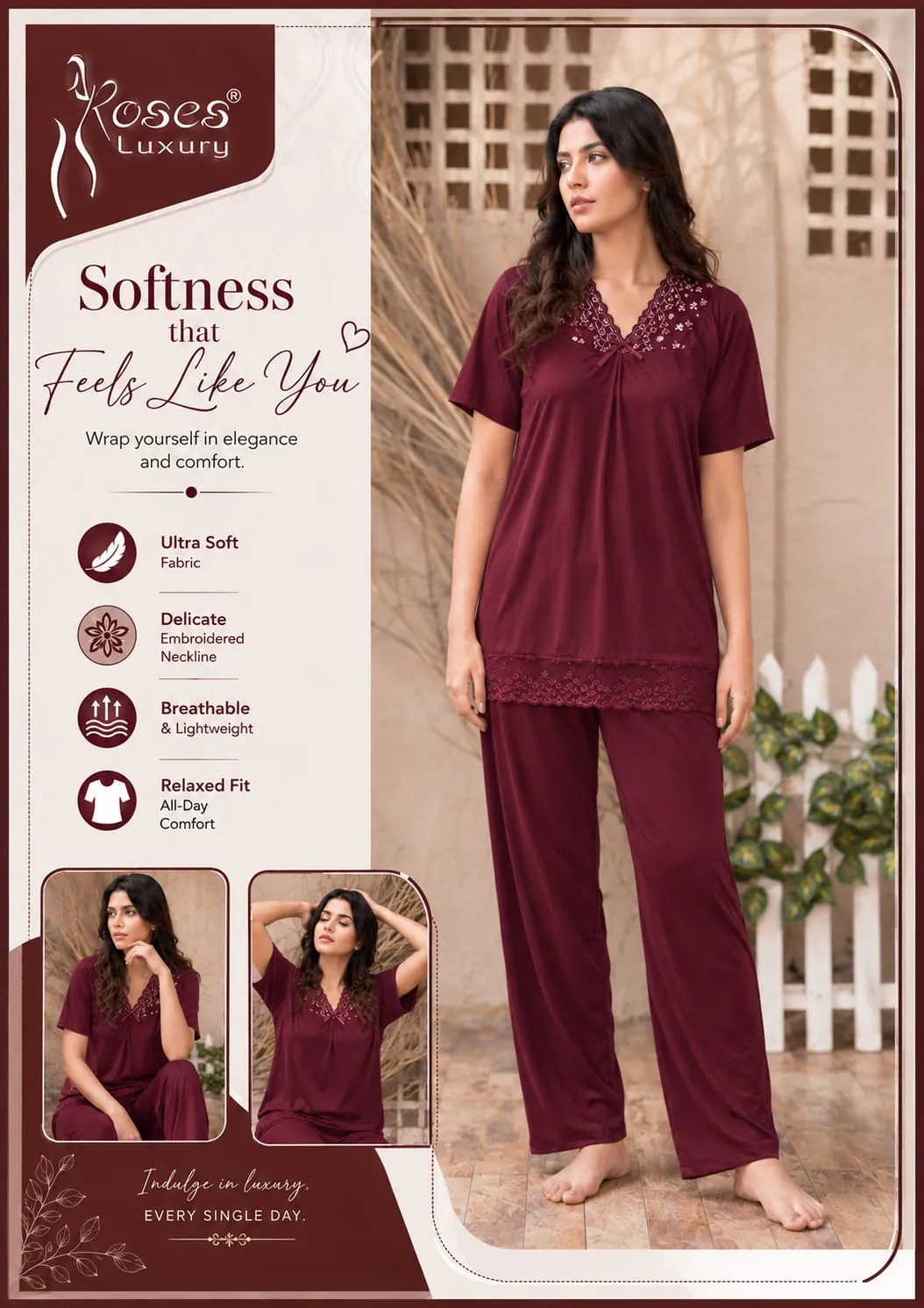 Softness Lace Trim Pajama Set – Maroon ladies nightwear by Nightywear