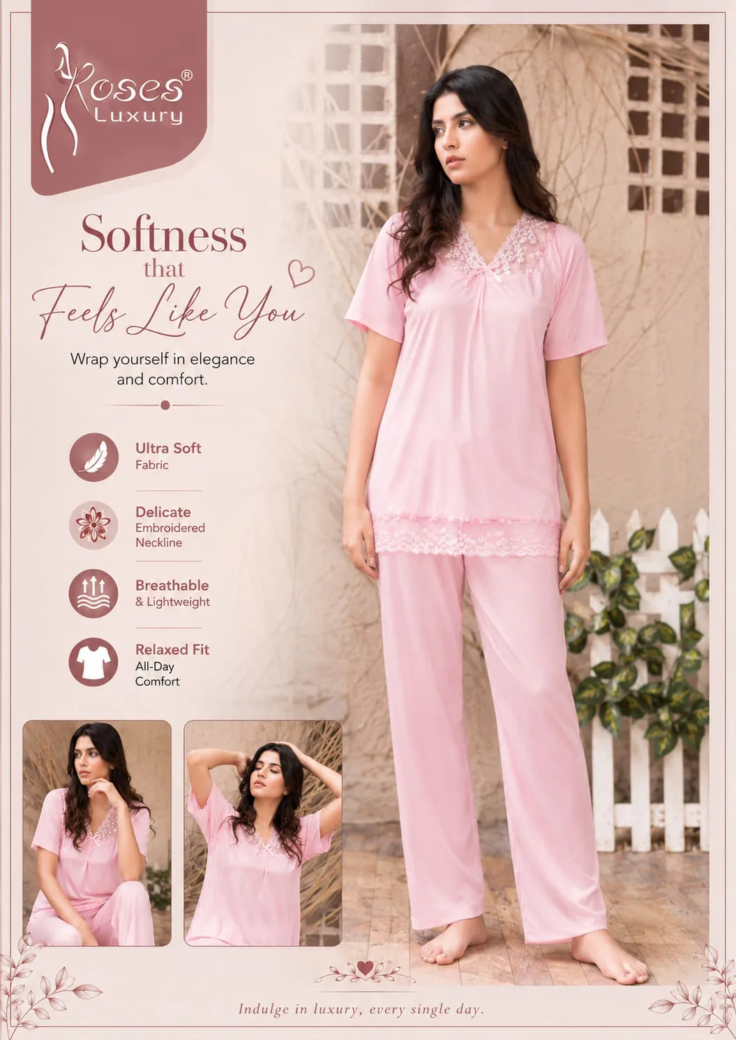 Softness Lace Trim Pajama Set – Pink ladies nightwear by Nightywear